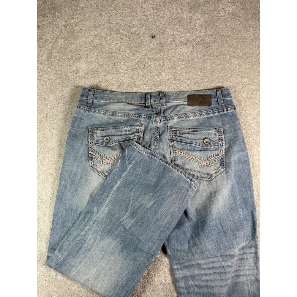 BKE Derek Bootleg Light Wash Jeans Mens 38x30 Blue Denim Stretch Wide Baggy Flap